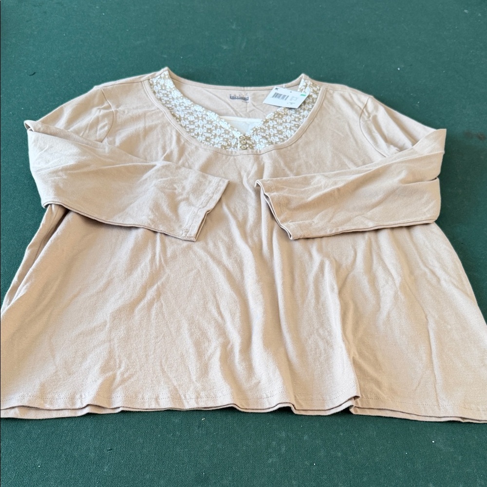 Basic Editions Women's‎ Tan Long Sleeve Top with Embellished Neckline